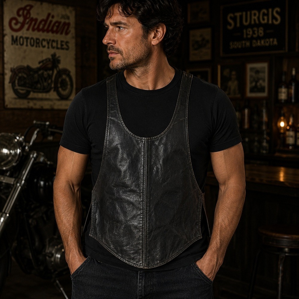 Vintage Black Leather Racerback Pullover Vest Biker Motorcycle Grunge Barwear
